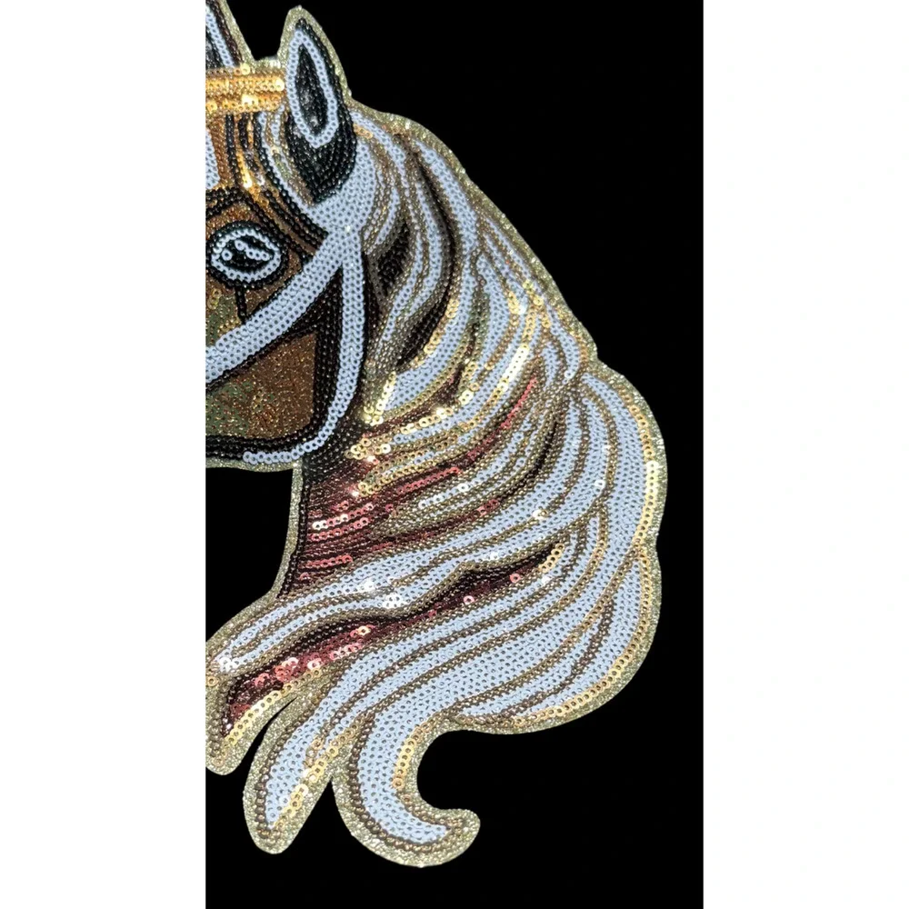 Sequin Horse Head Iron-On Patch 10x8.5 Large Equestrian Applique DIY Craft